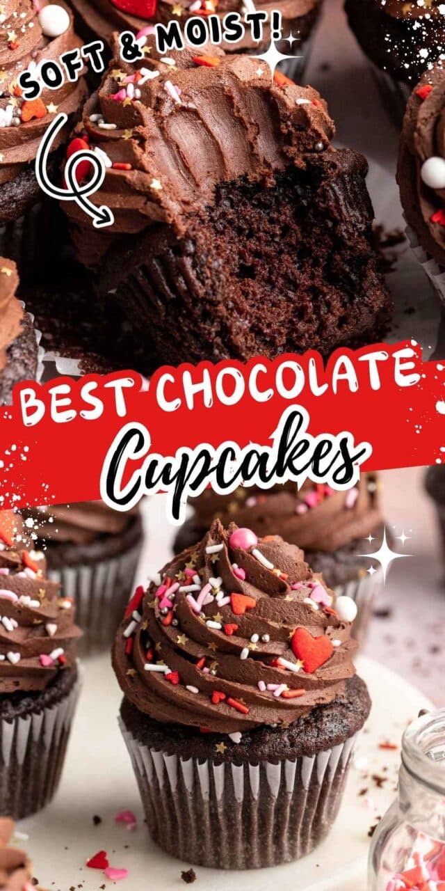 Chocolate cupcakes topped with heart sprinkles.