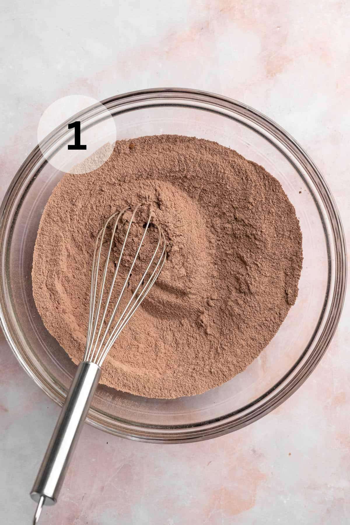 Whisking the flour, cocoa powder, baking powder, baking soda, salt, and sugar.