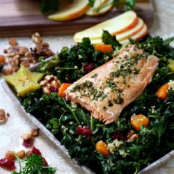 Fall Kale Salad with Garden Pesto Salmon is the perfect combination of flavors - dinner doesn't get any tastier than this, folks!