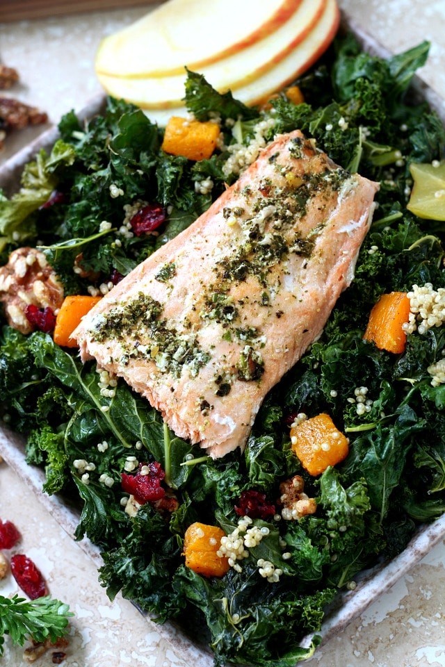 Fall Kale Salad with Garden Pesto Salmon is the perfect combination of flavors - dinner doesn't get any tastier than this, folks!