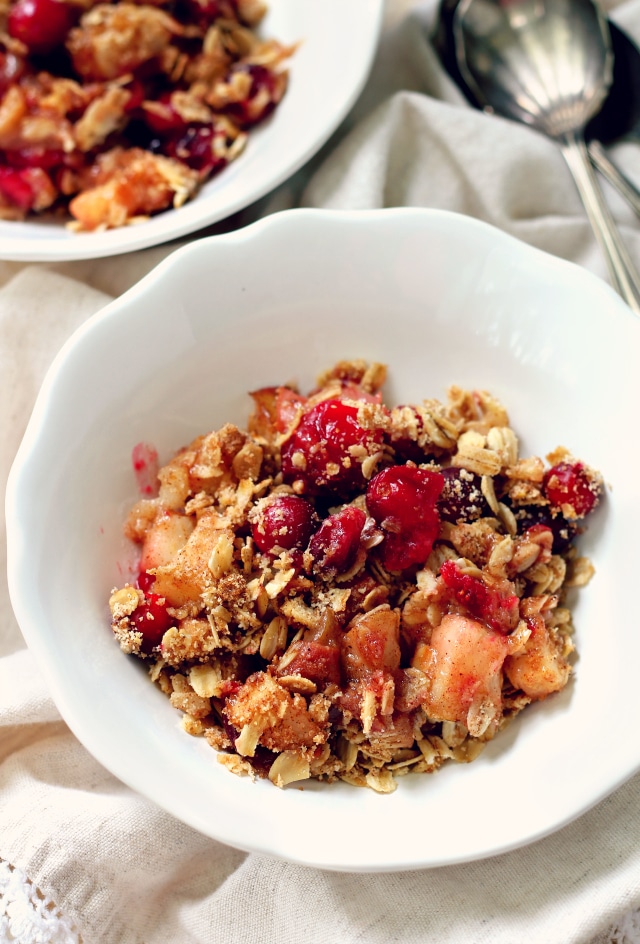 Cranberry Pear Crisp served in a white bowl