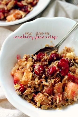 Vegan gluten-free Healthy Cranberry Pear Crisp that has all of the warmth, spice and sweet flavor of traditional versions. Also, it's ridiculously simple to throw together and will make the perfect addition to your holiday dessert spread!
