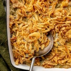 Green bean casserole topped with crispy onions.