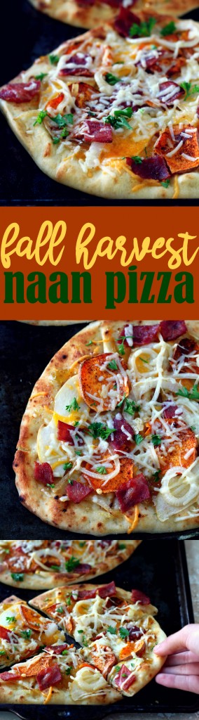 This rustic fall harvest naan pizza recipe features seasonal ingredients including sweet potato, apple, crisp bacon and caramelized onion. The perfect dinner for a cozy night by the fire!