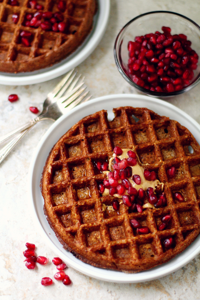 These flourless gingerbread waffles or pancakes are like your favorite Christmas cookies, but in breakfast form. (#YAY) They're sweetened with molasses, generously spiced with ginger and cinnamon, oil and refined sugar-free and naturally gluten-free dairy-free.