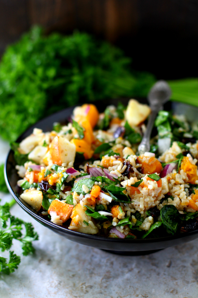 This vibrant Roasted Butternut Squash Brown Rice Holiday Salad is full of flavor and texture with fresh pear, chewy dried cranberries, sweet caramelized roasted butternut squash, hearty brown rice and a sweet-tangy apple cider vinaigrette! (vegan & gluten-free)