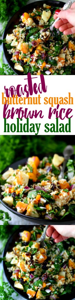This vibrant Roasted Butternut Squash Brown Rice Holiday Salad is full of flavor and texture with fresh pear, chewy dried cranberries, sweet caramelized roasted butternut squash, hearty brown rice and a sweet-tangy apple cider vinaigrette! (vegan & gluten-free)