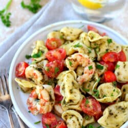 Wholesome and delicious Easy Pesto Shrimp Tortellini Salad made simply with basil pesto, tasty tortellini, roasted tomatoes and quick-cooking shrimp. Just 4 main ingredients in only 20 minutes - the perfect quick + easy dinner!