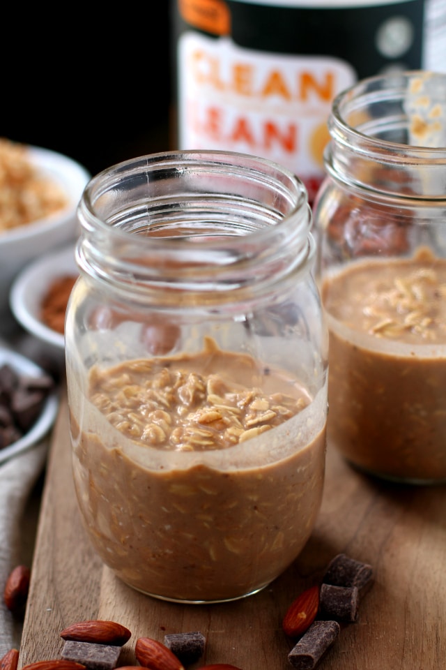 Almond Joy Protein Overnight Oatmeal served in mason jars