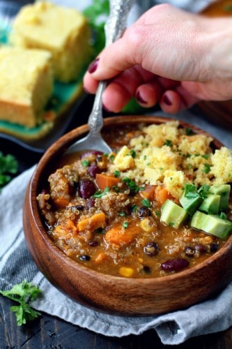 A mouthwatering blend of flavors in the best ever vegan quinoa chili - the perfect bowl of comfort and yumminess that you can enjoy guilt-free!