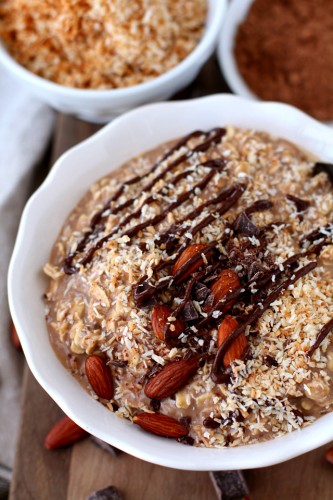 Almond Joy Protein Overnight Oatmeal - only 5 minutes to prep and wake up to a delicious, healthy breakfast that’s packed with protein! (vegan + gluten-free)