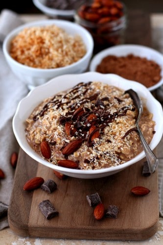 Almond Joy Protein Overnight Oatmeal - only 5 minutes to prep and wake up to a delicious, healthy breakfast that’s packed with protein! (vegan + gluten-free)