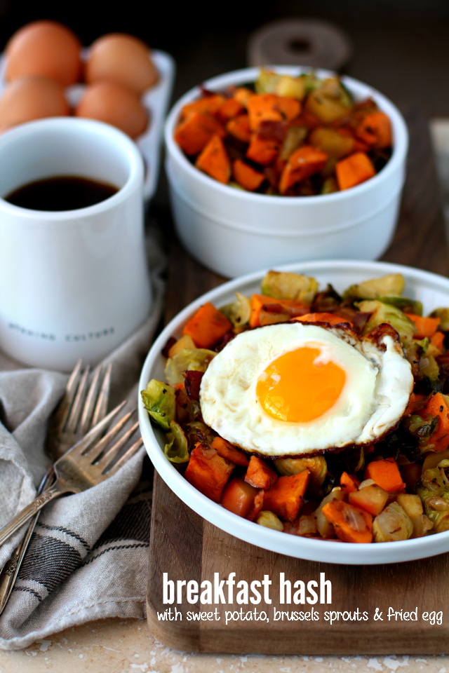 Breakfast Hash with Sweet Potato, Brussels Sprouts, Apple and topped with a Fried Egg is the perfect addition to your brunch, but also works so well as breakfast for dinner! 