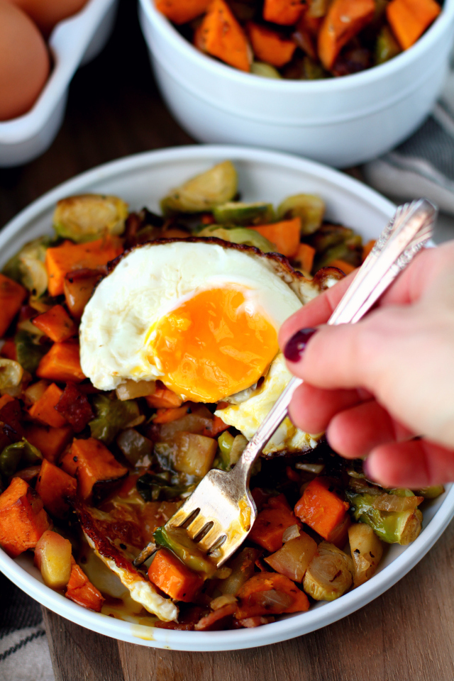 Breakfast Hash with Sweet Potato, Brussels Sprouts, Apple and topped with a Fried Egg is the perfect addition to your brunch, but also works so well as breakfast for dinner! 