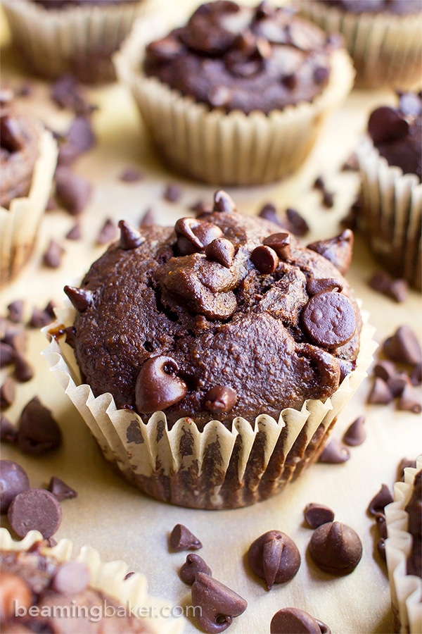 A one bowl recipe for moist, rich chocolate banana muffins dotted with chocolate chips. 