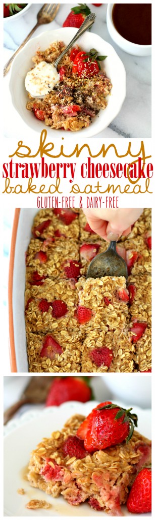 Skinny Strawberry Cheesecake Baked Oatmeal - both ultra decadent and dessert-like, but healthy enough for breakfast! {gluten-free & dairy-free}