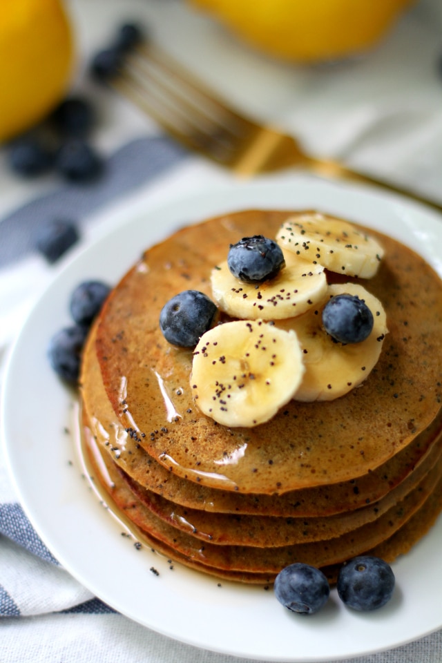 Lemon Poppy Seed Protein Pancakes! Hello quick, yummy, protein-packed breakfast.