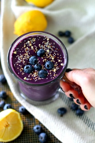 Cool, creamy and ridiculously refreshing - skip the muffin and enjoy this antioxidant-rich, delicious Lemon Blueberry Muffin Protein Smoothie instead! {gluten-free & vegan}