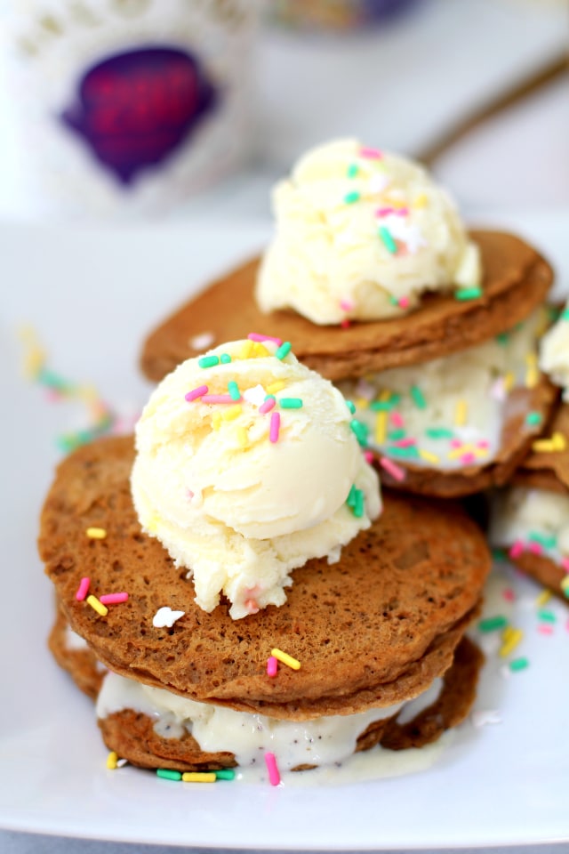 It's the ultimate in brunch foods - Pancake Ice Cream Sandwiches! And, guess what? This seemingly indulgent breakfast meal is actually healthy!! (gluten-free)