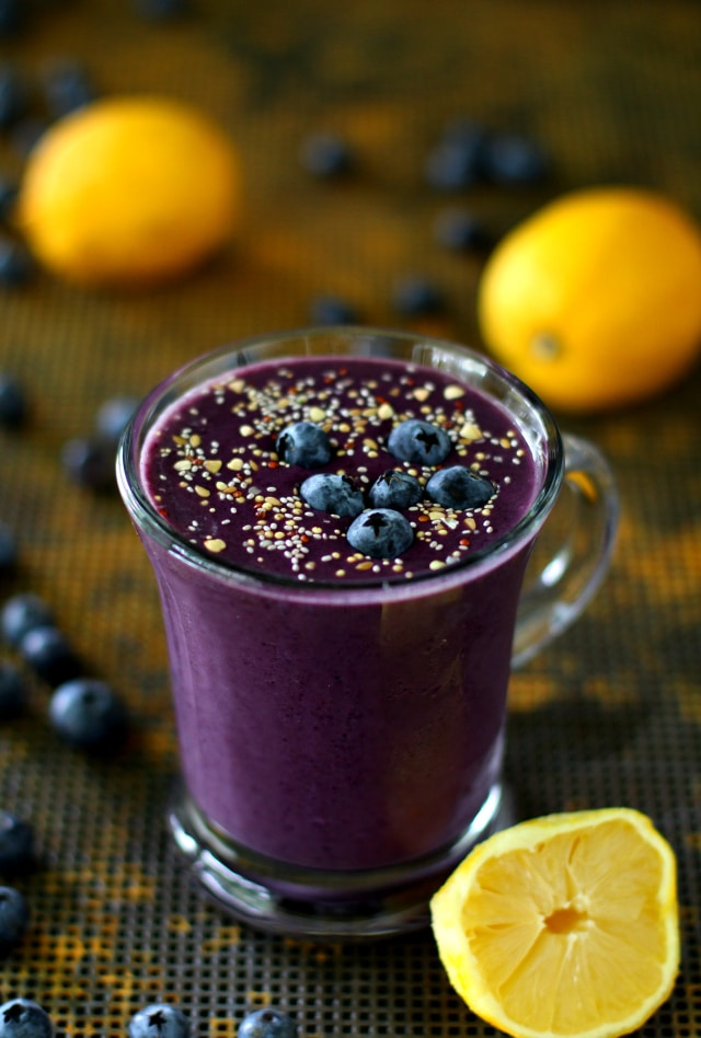 Cool, creamy and ridiculously refreshing - skip the muffin and enjoy this antioxidant-rich, delicious Lemon Blueberry Muffin Protein Smoothie instead! {gluten-free & vegan}