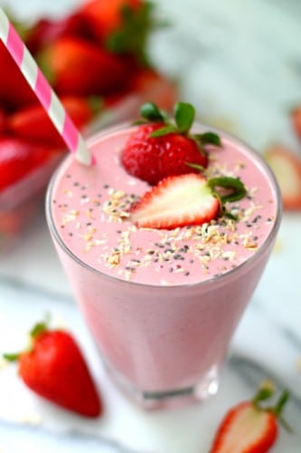 Strawberry cheesecake lovers you're in for a real treat. Yes, this smoothie is definitely a keeper. It’s full of protein, naturally sweetened, naturally gluten-free, ready to go in minutes, and tastes like the dessert that inspired it. Such deliciousness!