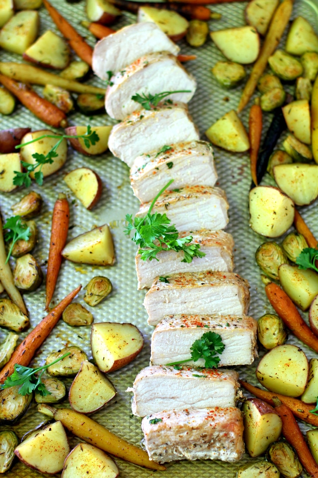 Sheet Pan Pork Meal with red potatoes, carrots and Brussels sprouts - an easy, healthy, one-pan meal perfect for busy weeknights! 