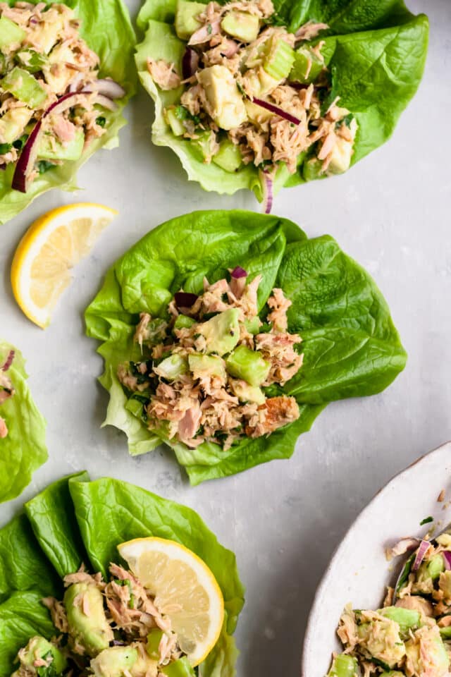 lettuce wraps topped with Avocado Tuna Salad 