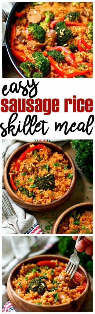 Easy Sausage Rice Skillet Meal is a hearty dish you can make in just one pot with very little hands on time! It’s packed with flavor and guaranteed to satisfy!