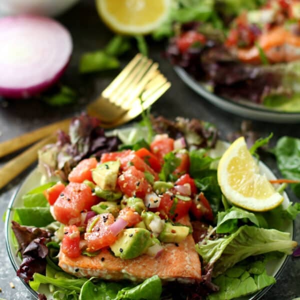 Ready in a flash, at 20 minutes or less, this Seared Salmon with Watermelon Tomato Avocado Salsa is full of incredible texture and is bursting with fresh summertime flavors!