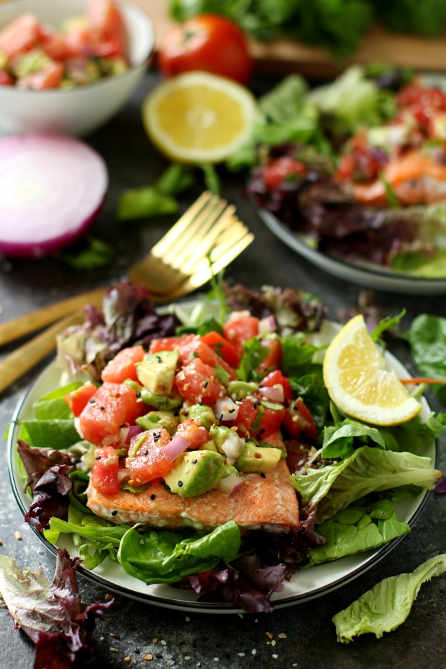 Ready in a flash, at 20 minutes or less, this Seared Salmon with Watermelon Tomato Avocado Salsa is full of incredible texture and is bursting with fresh summertime flavors!