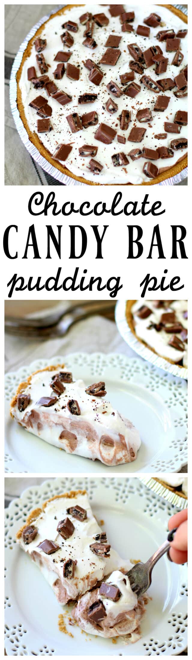 Chocolate Candy Bar Pudding Pie - a creamy dreamy treat infused with chocolate, nestled in my favorite graham cracker crust and topped off with decadent candy bar pieces. I can't think of a better way to kick off the summer season!