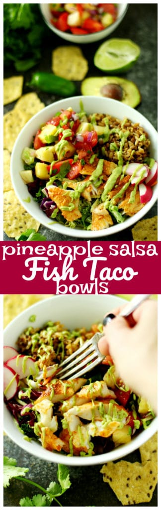 A quick, easy, delicious dinner in less than 20 minutes... yes, please! These Pineapple Salsa Fish Taco Bowls do not disappoint!