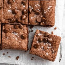 Protein brownies topped with chocolate chips and flaky sea salt.