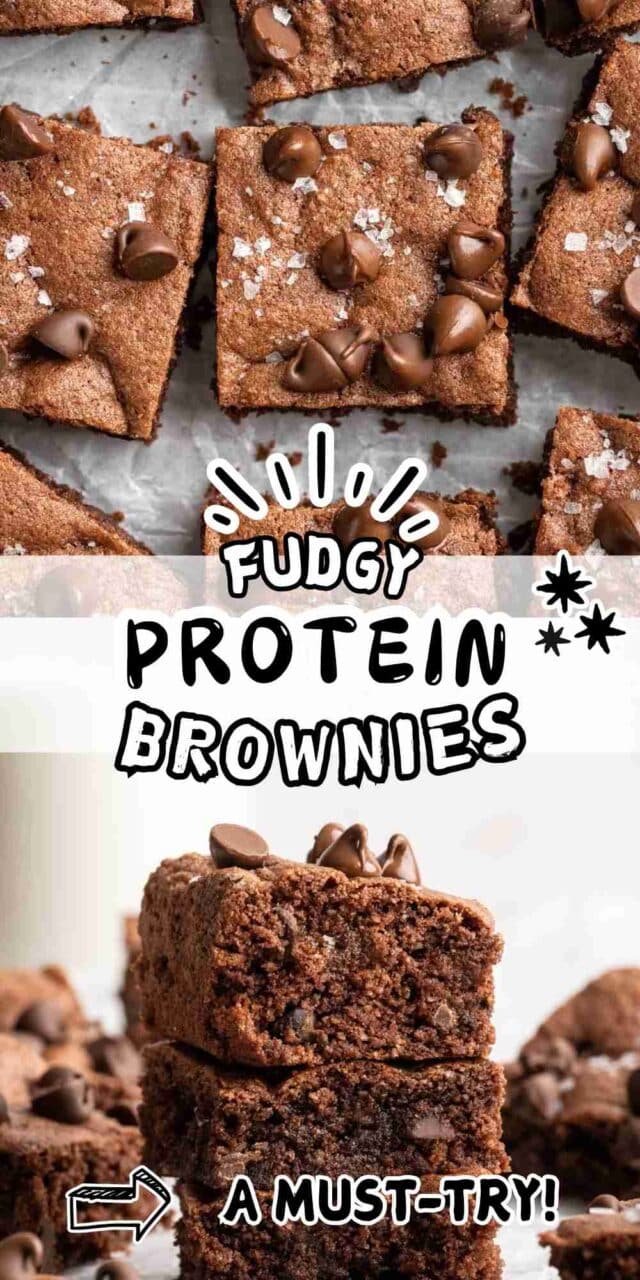 Protein brownies topped with chocolate chips and flaky sea salt.