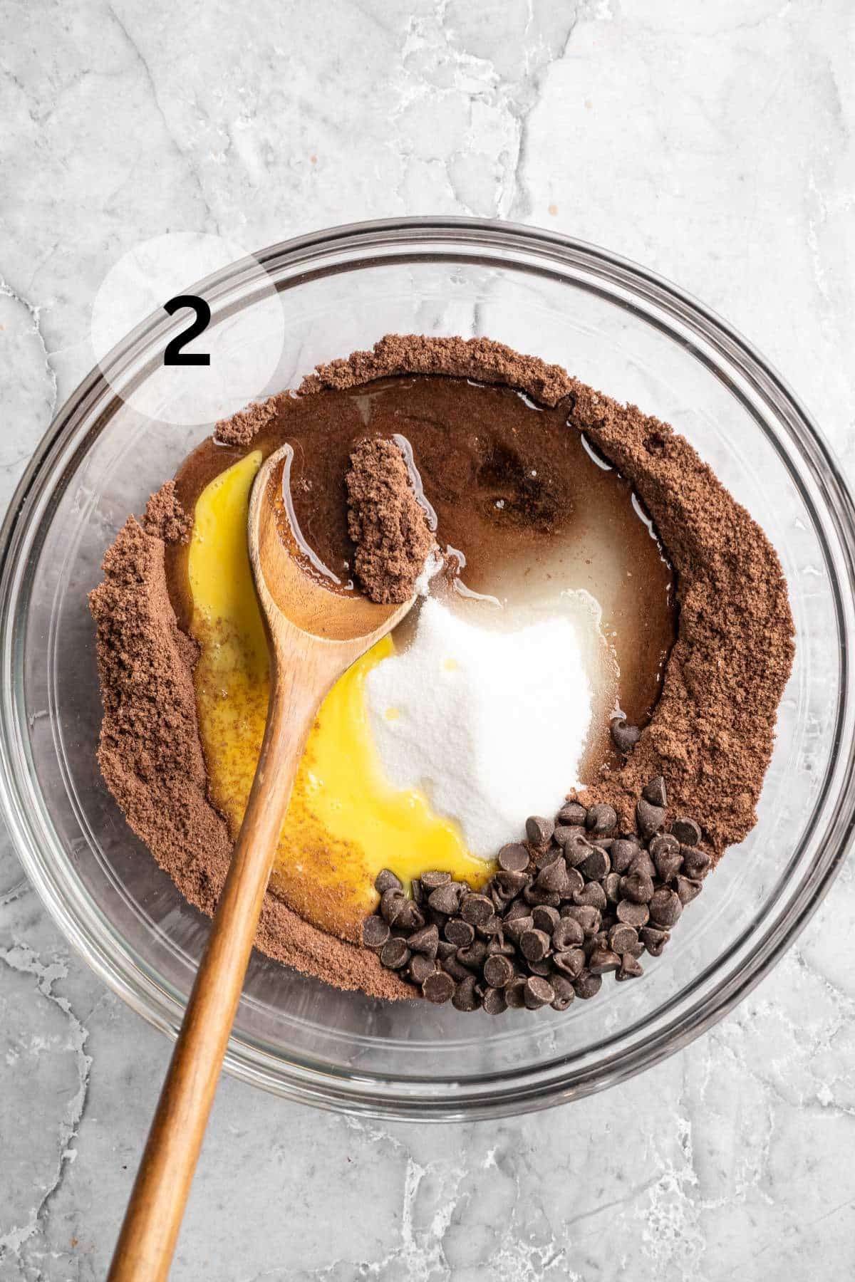 Oil, beaten eggs, sugar, vanilla, and chocolate chips added with dry ingredients.
