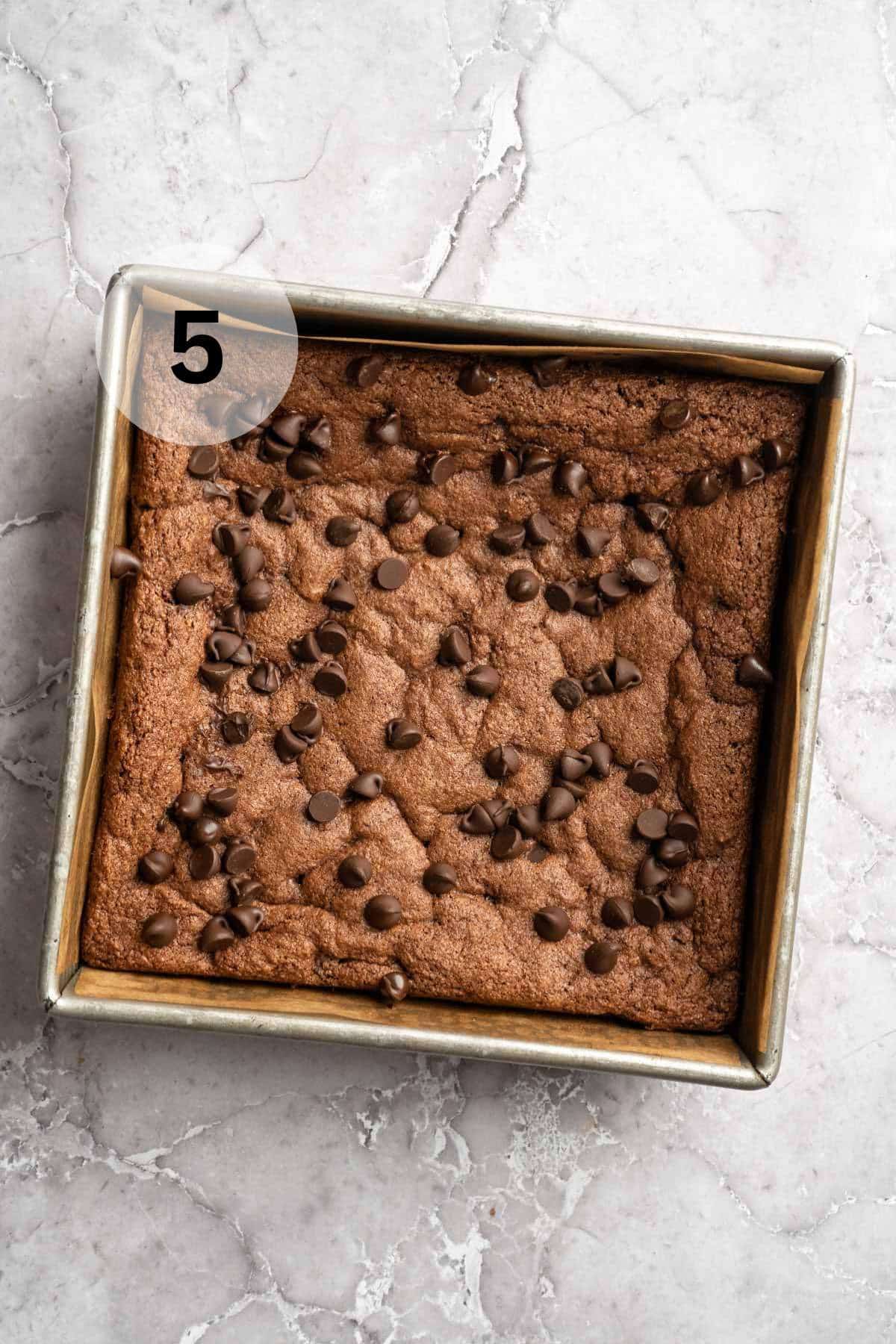 Baked brownies topped with chocolate chips in a square pan.