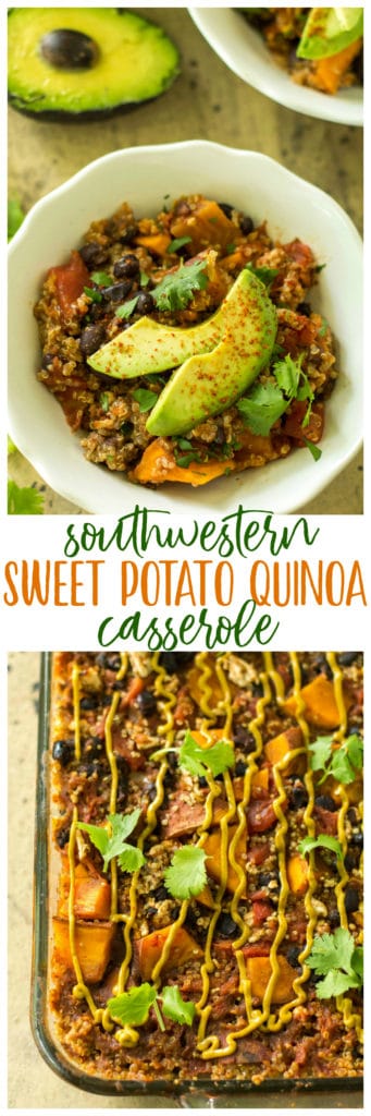 This easy Southwestern Quinoa Sweet Potato Casserole dinner will please everyone in your crew—even picky kids! Gluten-free and easily adapted to vegan.