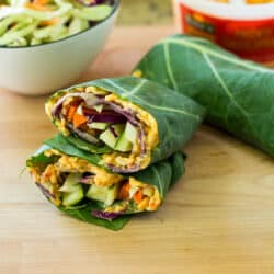 These easy and healthy veggie packed Pimiento Cheese Collard Wraps are perfect for a light lunch, appetizer or snack. Vegetarian and gluten-free. 