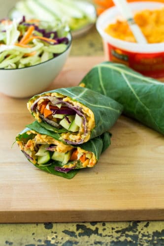 These easy and healthy veggie packed Pimiento Cheese Collard Wraps are perfect for a light lunch, appetizer or snack. Vegetarian and gluten-free. 