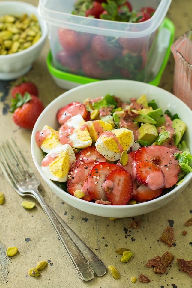 This delicious Whole30 Strawberry Cobb Salad is quick and easy to make, full of great fresh flavors, and tossed with a simple strawberry dressing.