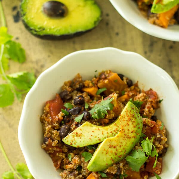 This easy Southwestern Quinoa Sweet Potato Casserole dinner will please everyone in your crew—even picky kids! Gluten-free and easily adapted to vegan.