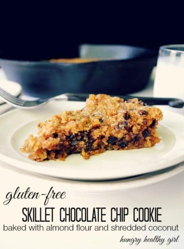  deliciousness of this Skillet Chocolate Chip Cookie cannot be put into words… you’ll just have to taste it for yourself! Baked with almond flour and shredded coconut, so you can satisfy that sweet tooth without gluten. This big chocolate chip cookie bakes up warm with a nutty flavor and soft, chewy texture…. scrumptious to the last crumb! 