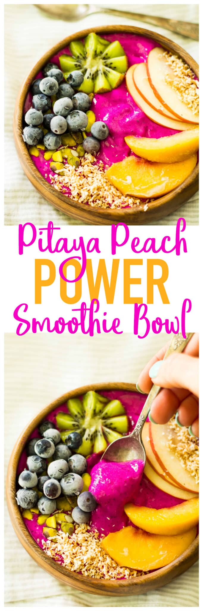 Gorgeous, healthy morning fuel! Pitaya Peach Power Smoothie Bowl is loaded with antioxidants, protein, and fresh flavor. Allergen free and easy to make!