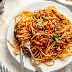 Turkey bolognese sauce served over spaghetti.