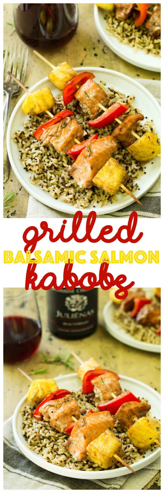 Let’s keep the summer grilling tradition going today with this simple, irresistibly tasty recipe for Grilled Balsamic Salmon Kabobs.