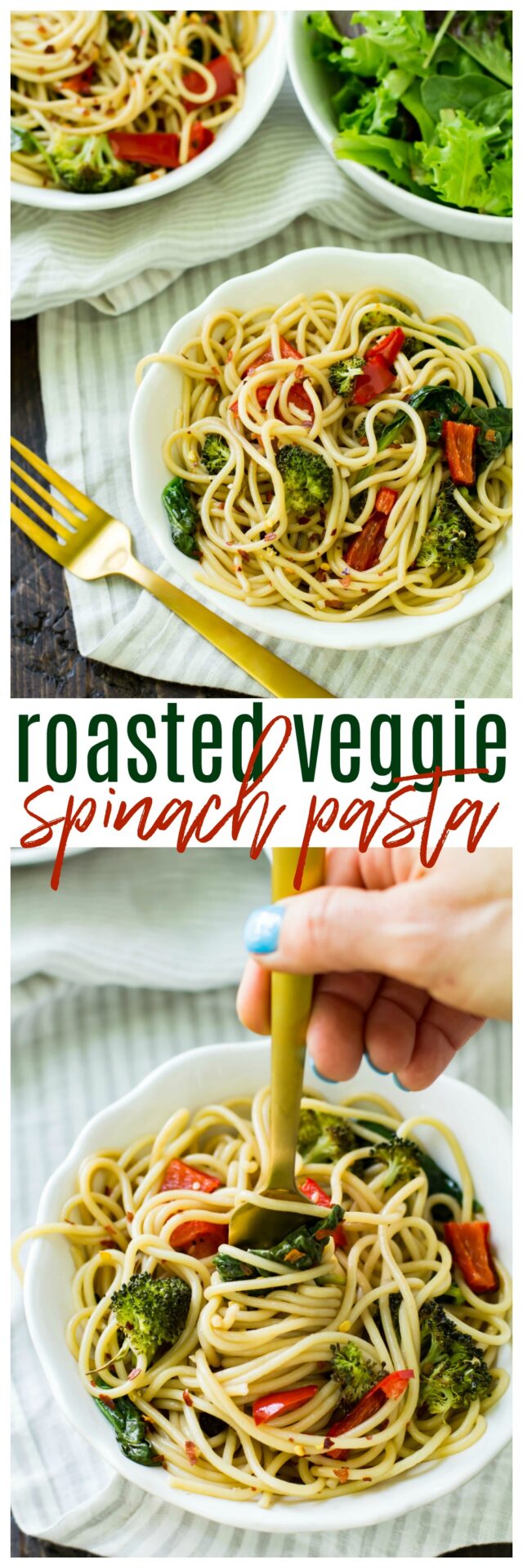 This Roasted Veggie Spinach Pasta features loads of spinach and roasted vegetables tossed with a light balsamic sauce and served over my favorite Skinner® pasta!