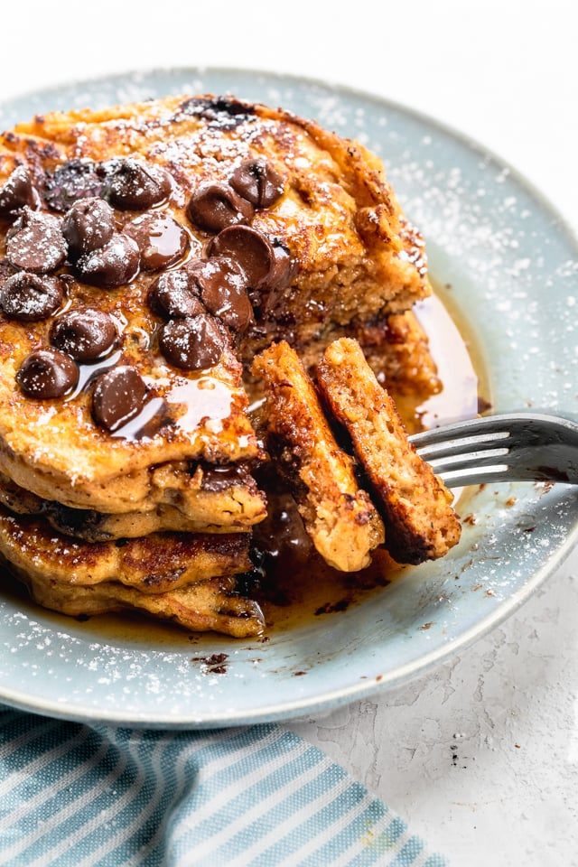 Healthy Pumpkin Pancakes topped with chocolate chips 