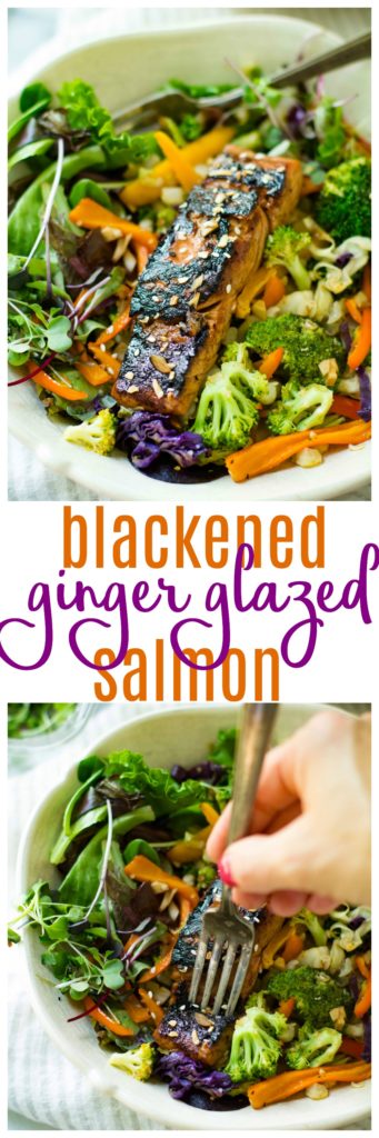 This Blackened Ginger Glazed Salmon has just 6 ingredients and is light, healthy, and super easy. It also has the best flavor, even non fish lovers like it! Get a wholesome dinner on the table in no time at all! Paleo, low carb, and real food deliciousness!