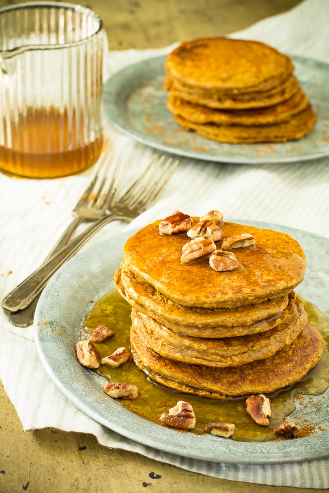 Healthiest Pumpkin Oat Protein Pancakes - tender, fluffy pancakes that can be whipped in the blender. Healthy, simple and perfect for chilly fall mornings!