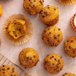 Pumpkin protein muffins topped with chocolate chips.